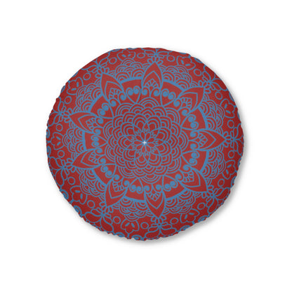 Floor Cushion Handmade Mandala Art - Steel Blue on Brown background - Drawn by Hand - Tufted Floor Pillow, Round - Blululi