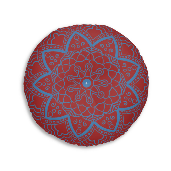 Floor Cushion Handmade Mandala Art - Steel Blue on Brown background - Drawn by Hand - Tufted Floor Pillow, Round - Blululi