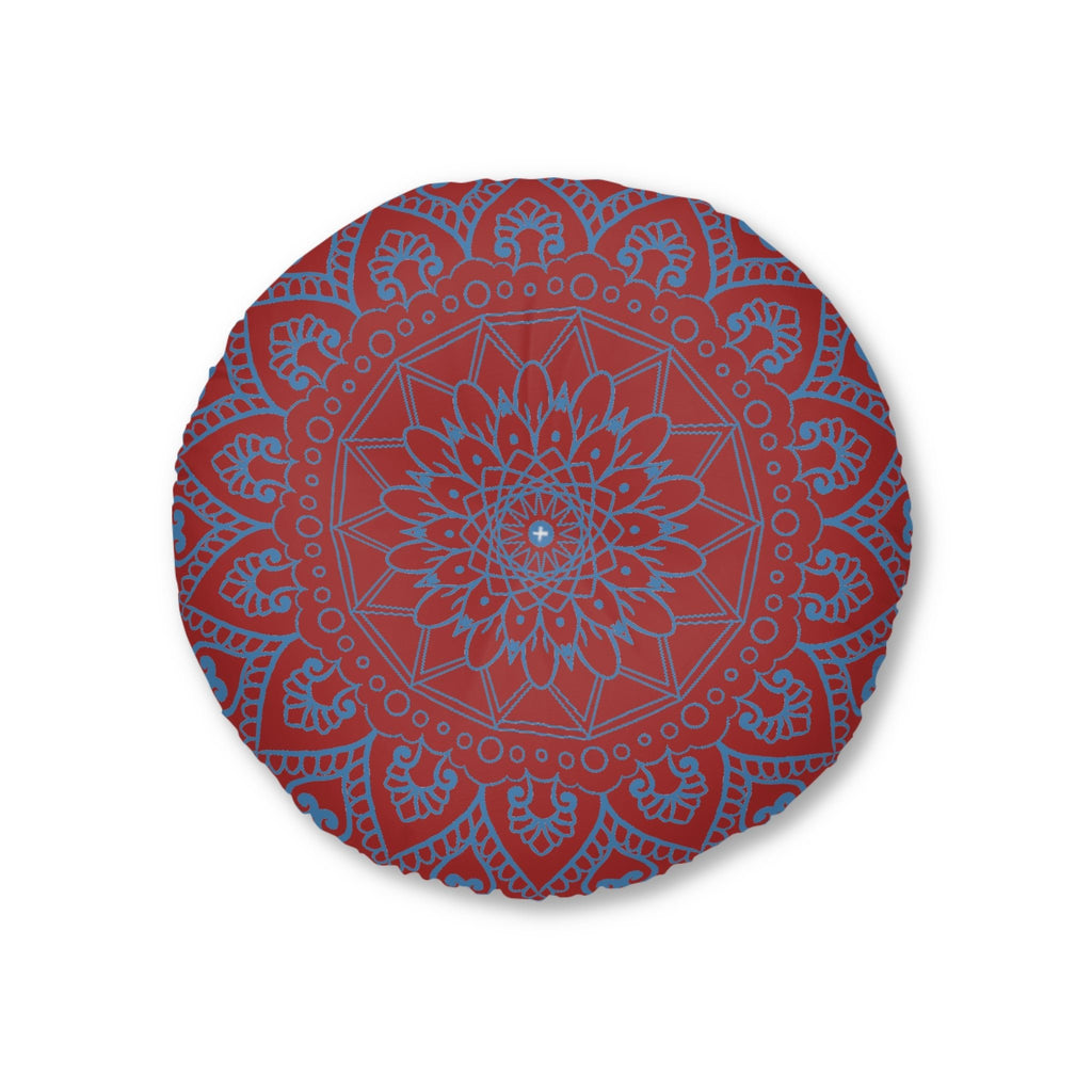 Floor Cushion Handmade Mandala Art - Steel Blue on Brown background - Drawn by Hand - Tufted Floor Pillow, Round - Blululi