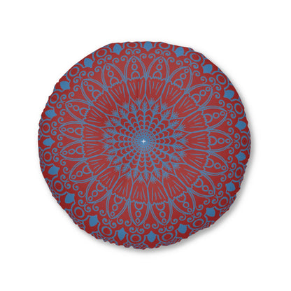 Floor Cushion Handmade Mandala Art - Steel Blue on Brown background - Drawn by Hand - Tufted Floor Pillow, Round - Blululi