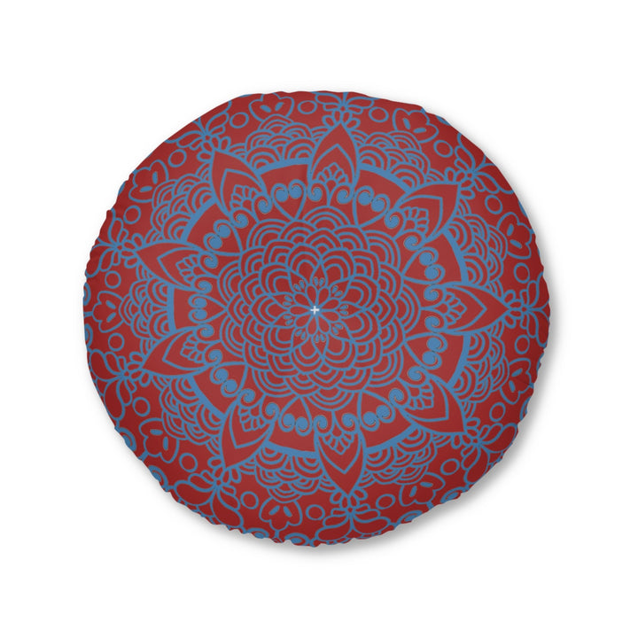 Floor Cushion Handmade Mandala Art - Steel Blue on Brown background - Drawn by Hand - Tufted Floor Pillow, Round - Blululi