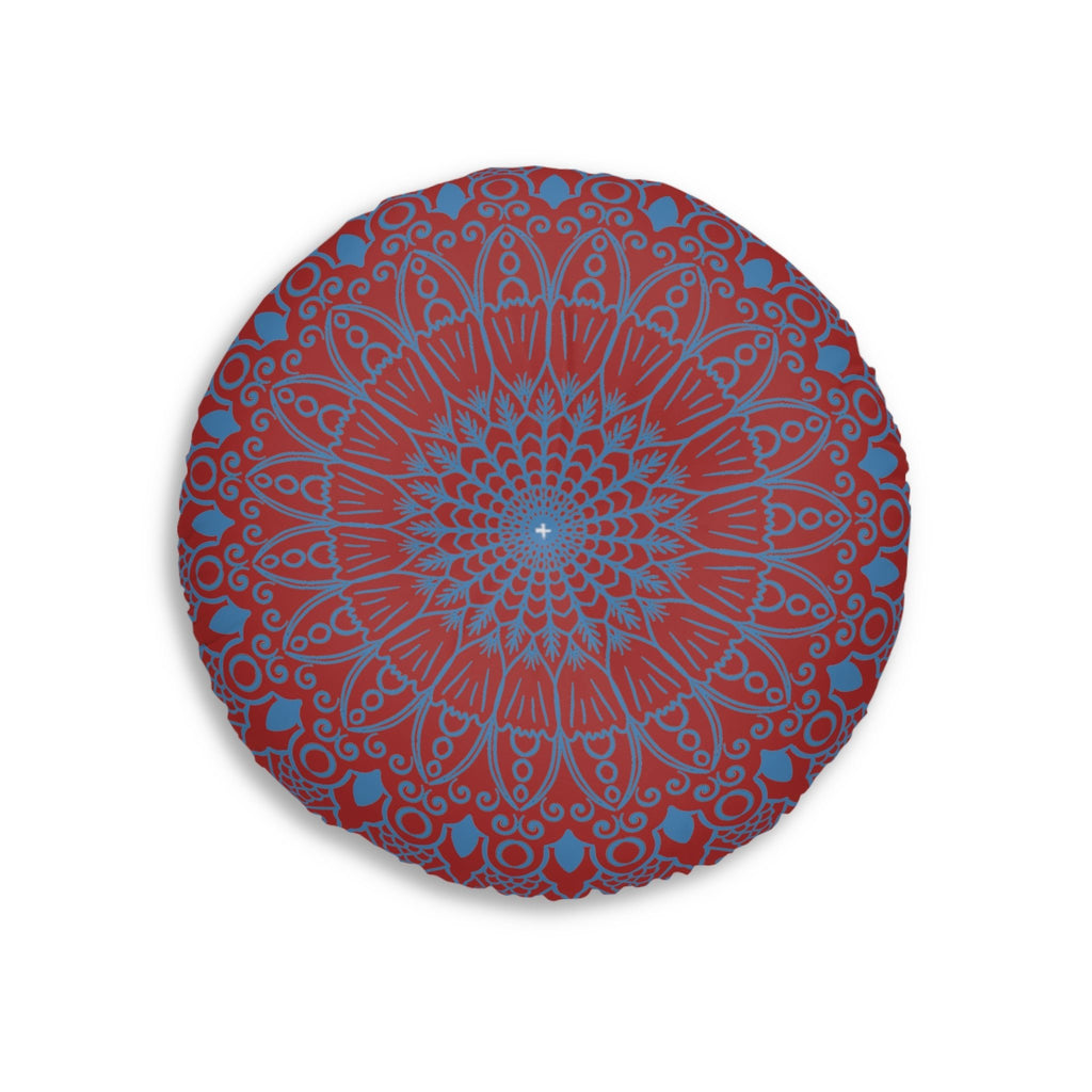 Floor Cushion Handmade Mandala Art - Steel Blue on Brown background - Drawn by Hand - Tufted Floor Pillow, Round - Blululi