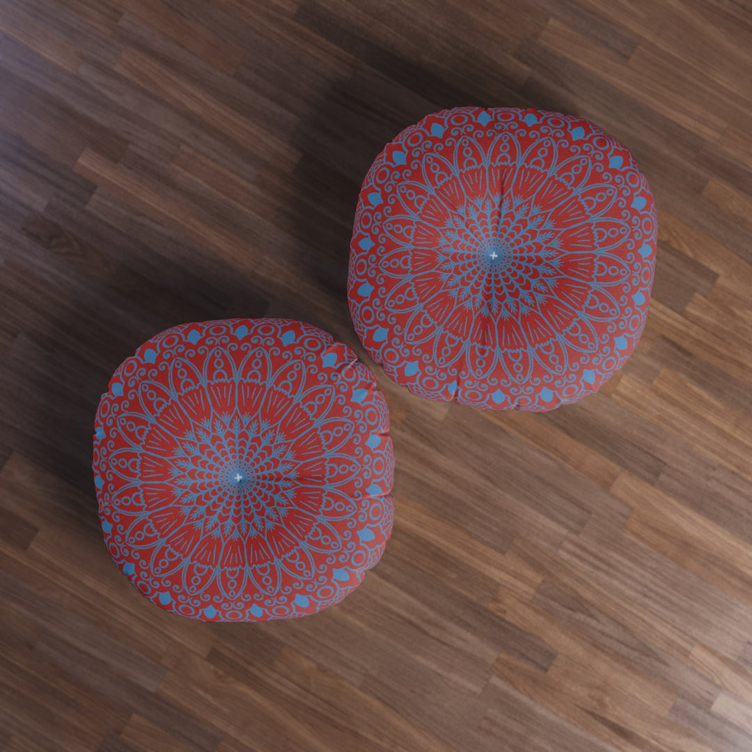 Floor Cushion Handmade Mandala Art - Steel Blue on Brown background - Drawn by Hand - Tufted Floor Pillow, Round - Blululi