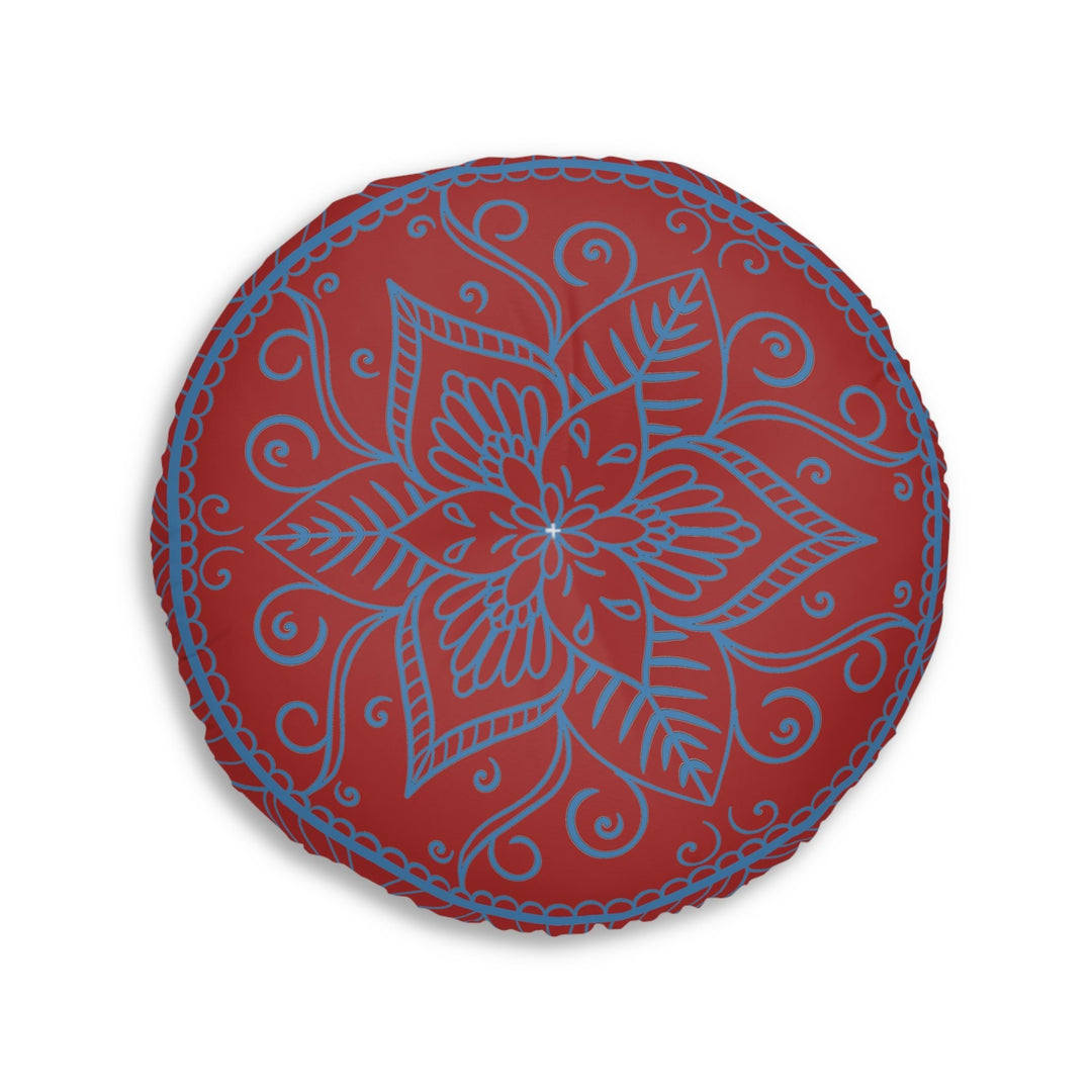 Floor Cushion Handmade Mandala Art - Steel Blue on Brown background - Drawn by Hand - Tufted Floor Pillow, Round - Blululi