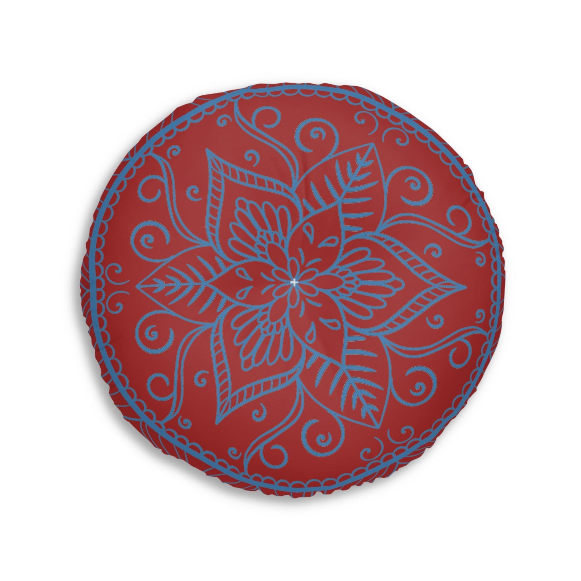 Floor Cushion Handmade Mandala Art - Steel Blue on Brown background - Drawn by Hand - Tufted Floor Pillow, Round - Blululi