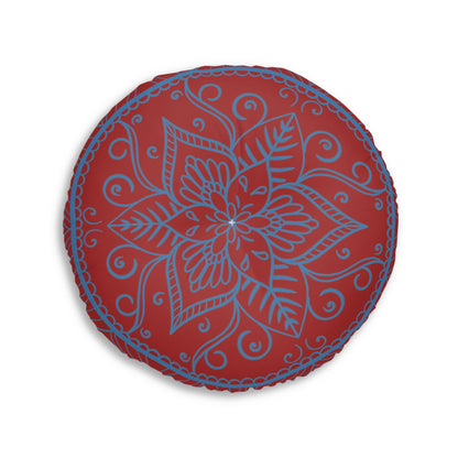 Floor Cushion Handmade Mandala Art - Steel Blue on Brown background - Drawn by Hand - Tufted Floor Pillow, Round - Blululi