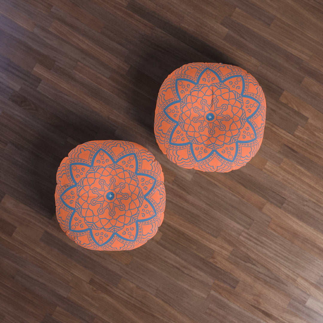 Floor Cushion Handmade Mandala Art - Steel Blue on Coral background - Drawn by Hand - Tufted Floor Pillow, Round - Blululi