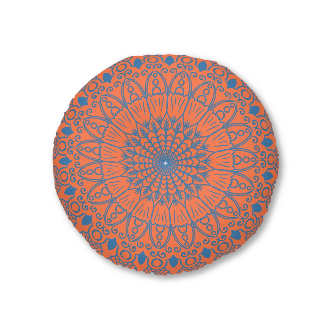 Floor Cushion Handmade Mandala Art - Steel Blue on Coral background - Drawn by Hand - Tufted Floor Pillow, Round - Blululi