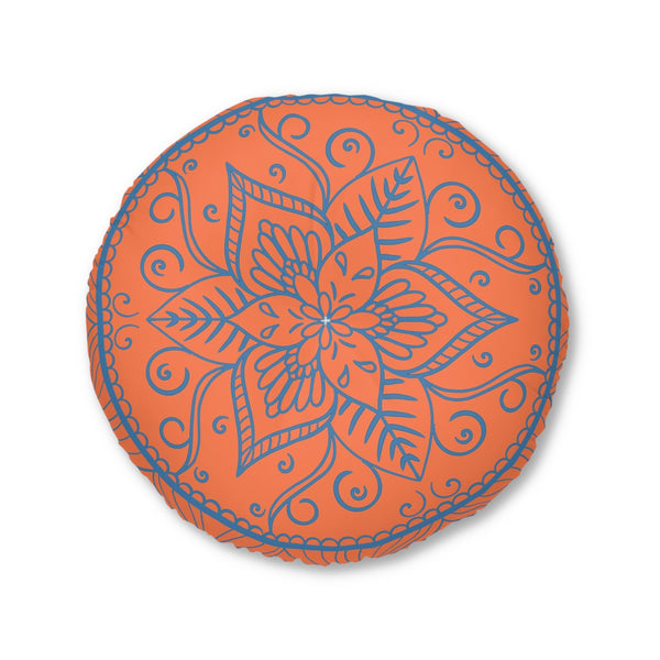 Floor Cushion Handmade Mandala Art - Steel Blue on Coral background - Drawn by Hand - Tufted Floor Pillow, Round - Blululi