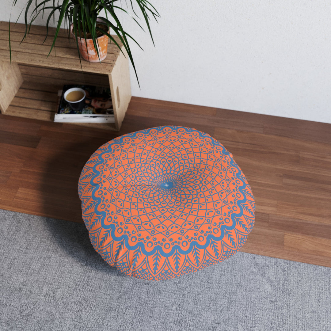 Floor Cushion Handmade Mandala Art - Steel Blue on Coral background - Drawn by Hand - Tufted Floor Pillow, Round - Blululi