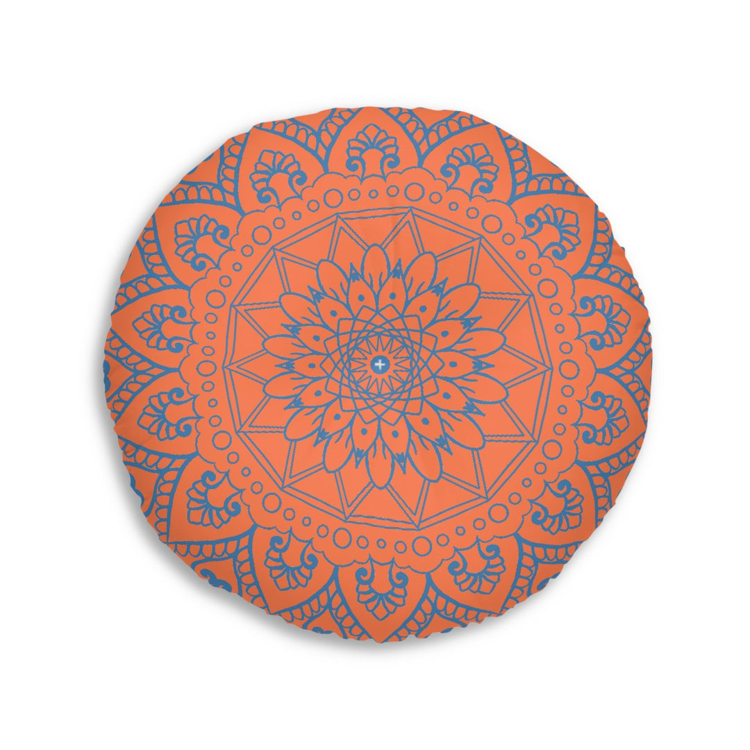 Floor Cushion Handmade Mandala Art - Steel Blue on Coral background - Drawn by Hand - Tufted Floor Pillow, Round - Blululi