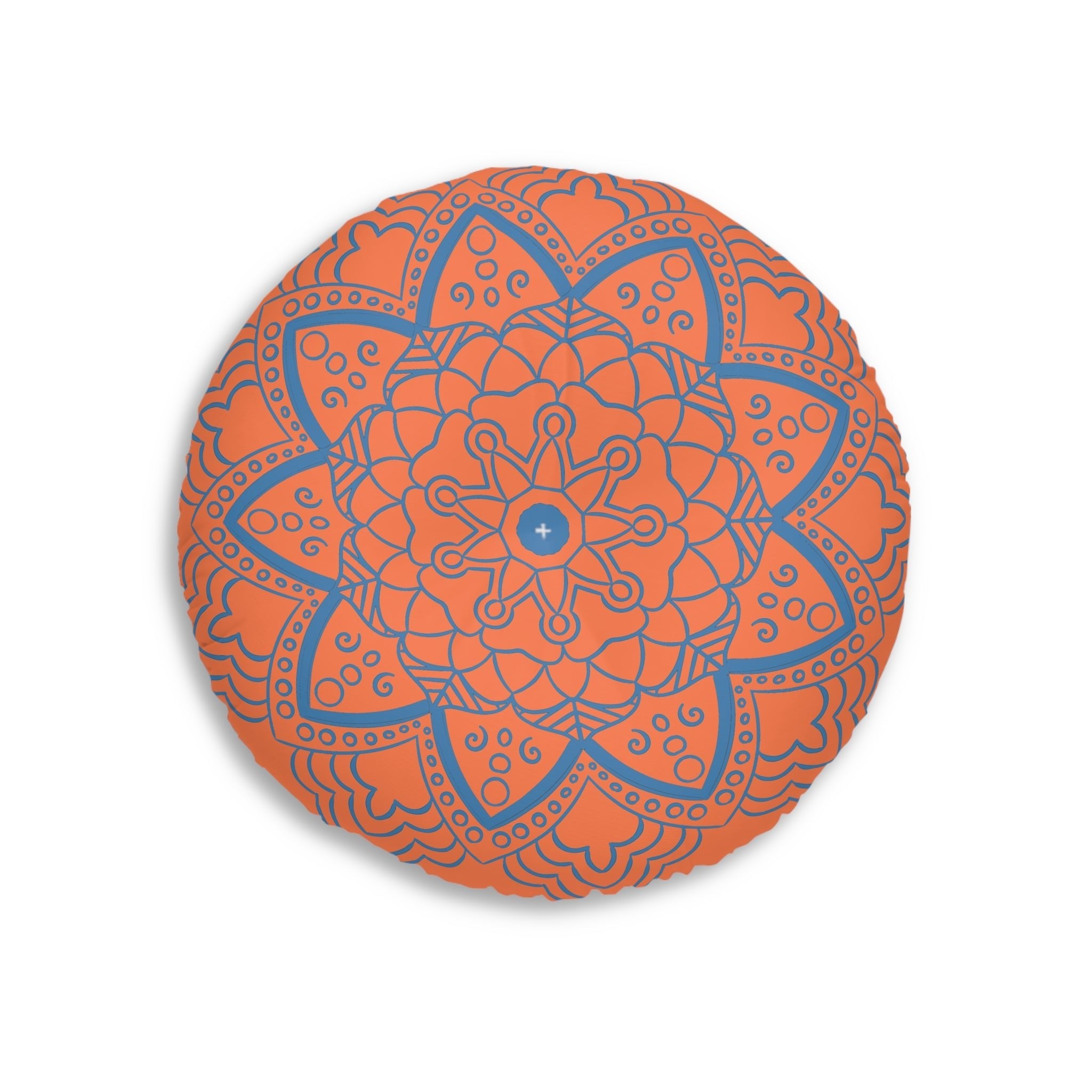 Floor Cushion Handmade Mandala Art - Steel Blue on Coral background - Drawn by Hand - Tufted Floor Pillow, Round - Blululi