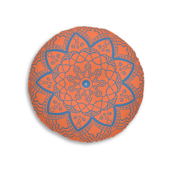 Floor Cushion Handmade Mandala Art - Steel Blue on Coral background - Drawn by Hand - Tufted Floor Pillow, Round - Blululi