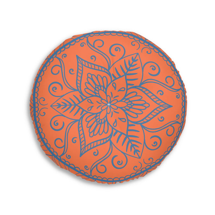 Floor Cushion Handmade Mandala Art - Steel Blue on Coral background - Drawn by Hand - Tufted Floor Pillow, Round - Blululi