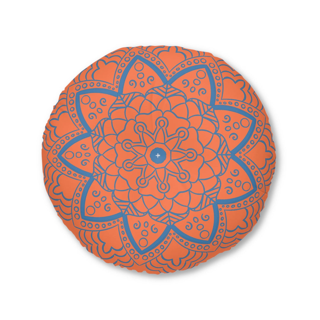 Floor Cushion Handmade Mandala Art - Steel Blue on Coral background - Drawn by Hand - Tufted Floor Pillow, Round - Blululi