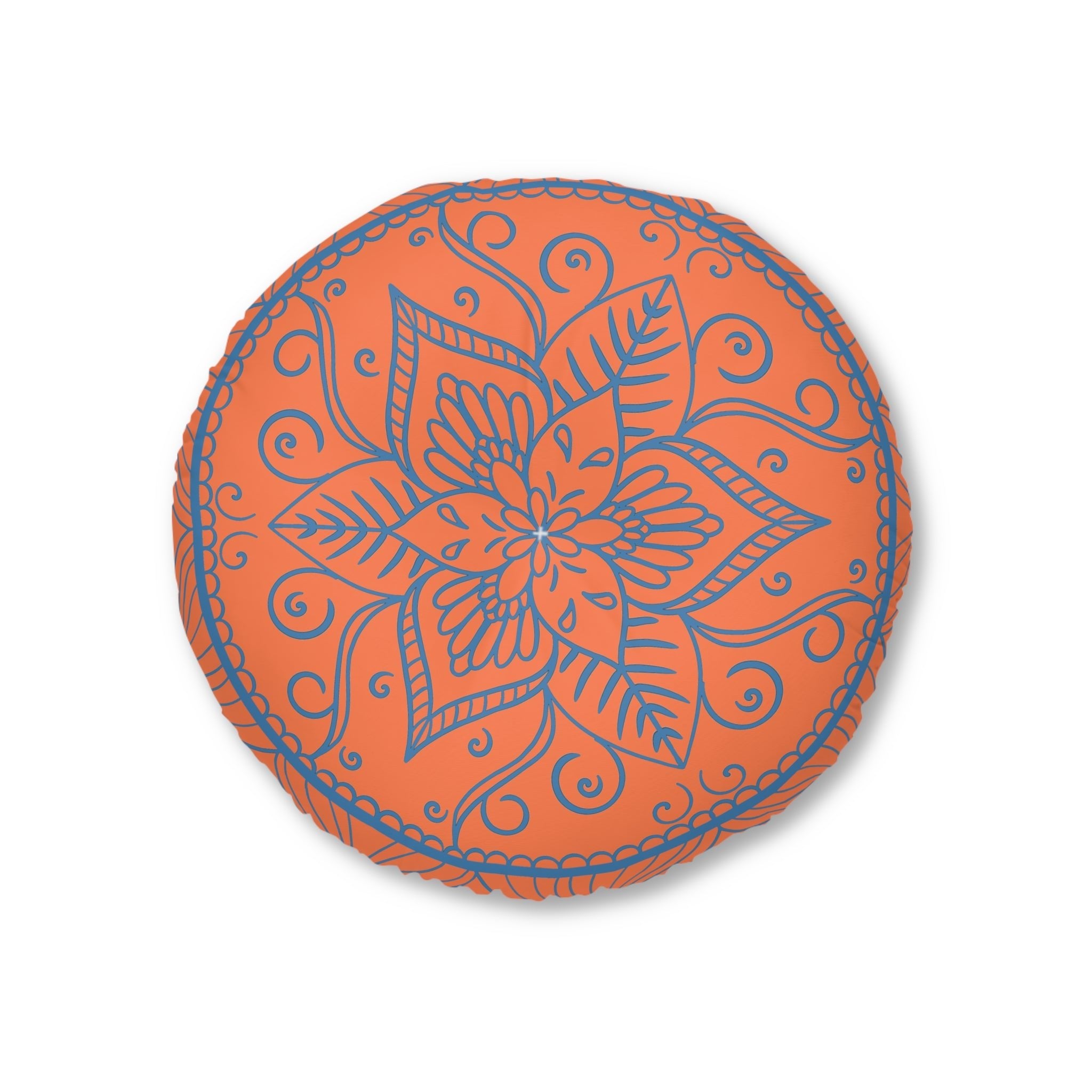 Floor Cushion Handmade Mandala Art - Steel Blue on Coral background - Drawn by Hand - Tufted Floor Pillow, Round - Blululi