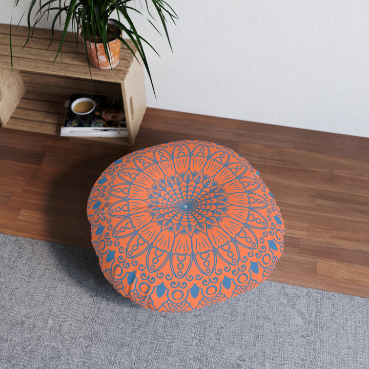 Floor Cushion Handmade Mandala Art - Steel Blue on Coral background - Drawn by Hand - Tufted Floor Pillow, Round - Blululi