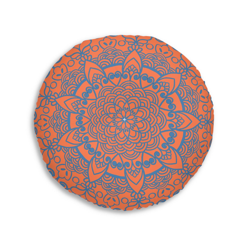 Floor Cushion Handmade Mandala Art - Steel Blue on Coral background - Drawn by Hand - Tufted Floor Pillow, Round - Blululi