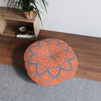 Floor Cushion Handmade Mandala Art - Steel Blue on Coral background - Drawn by Hand - Tufted Floor Pillow, Round - Blululi