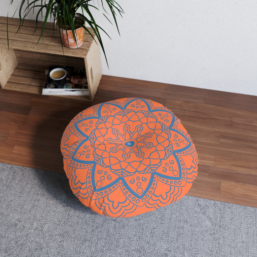 Floor Cushion Handmade Mandala Art - Steel Blue on Coral background - Drawn by Hand - Tufted Floor Pillow, Round - Blululi