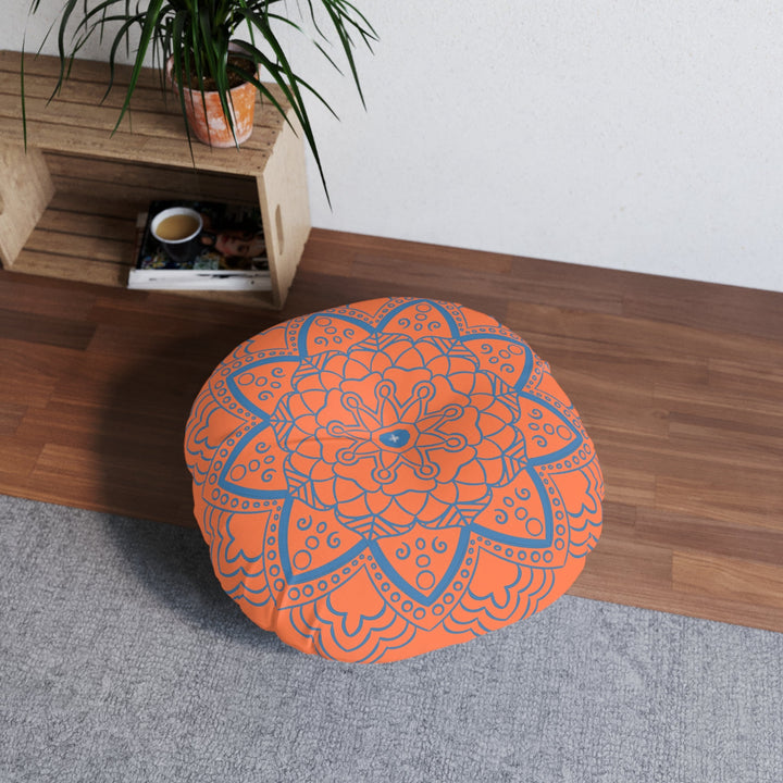 Floor Cushion Handmade Mandala Art - Steel Blue on Coral background - Drawn by Hand - Tufted Floor Pillow, Round - Blululi