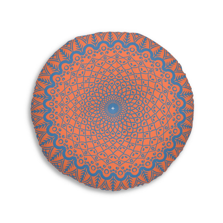 Floor Cushion Handmade Mandala Art - Steel Blue on Coral background - Drawn by Hand - Tufted Floor Pillow, Round - Blululi