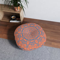 Floor Cushion Handmade Mandala Art - Steel Blue on Coral background - Drawn by Hand - Tufted Floor Pillow, Round - Blululi