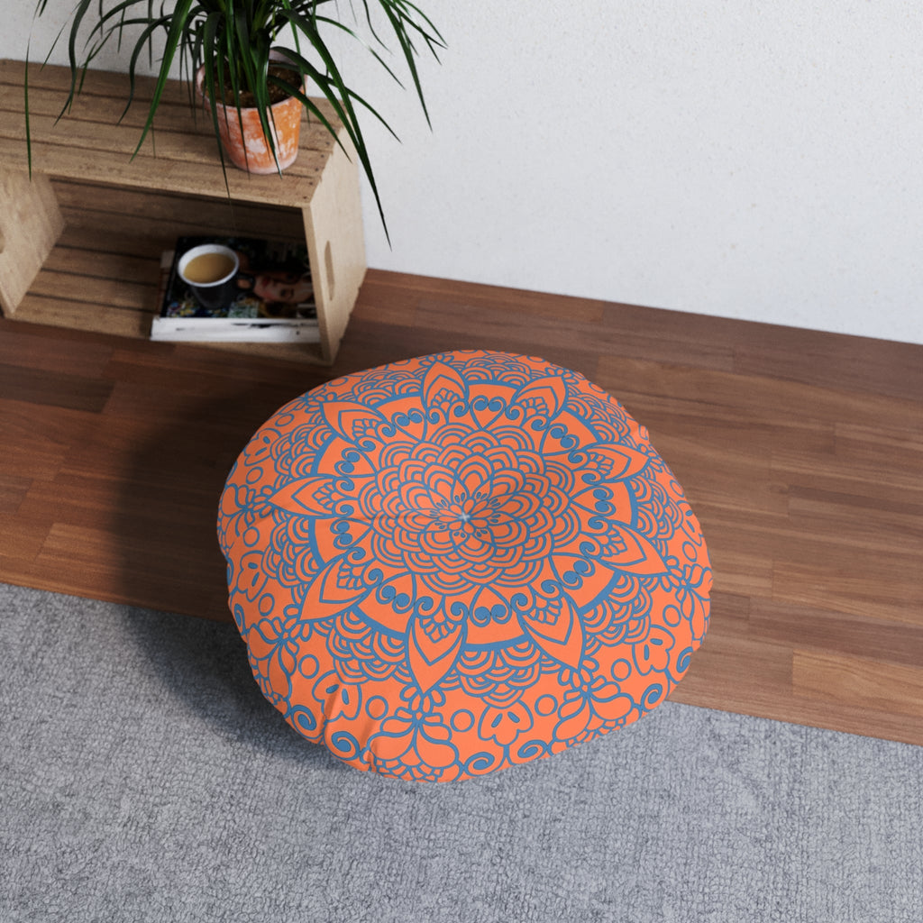 Floor Cushion Handmade Mandala Art - Steel Blue on Coral background - Drawn by Hand - Tufted Floor Pillow, Round - Blululi