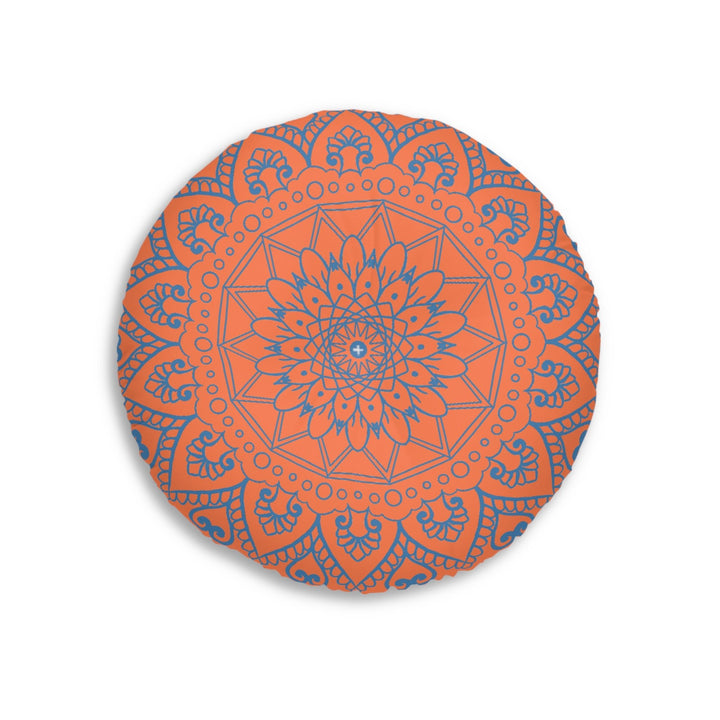 Floor Cushion Handmade Mandala Art - Steel Blue on Coral background - Drawn by Hand - Tufted Floor Pillow, Round - Blululi