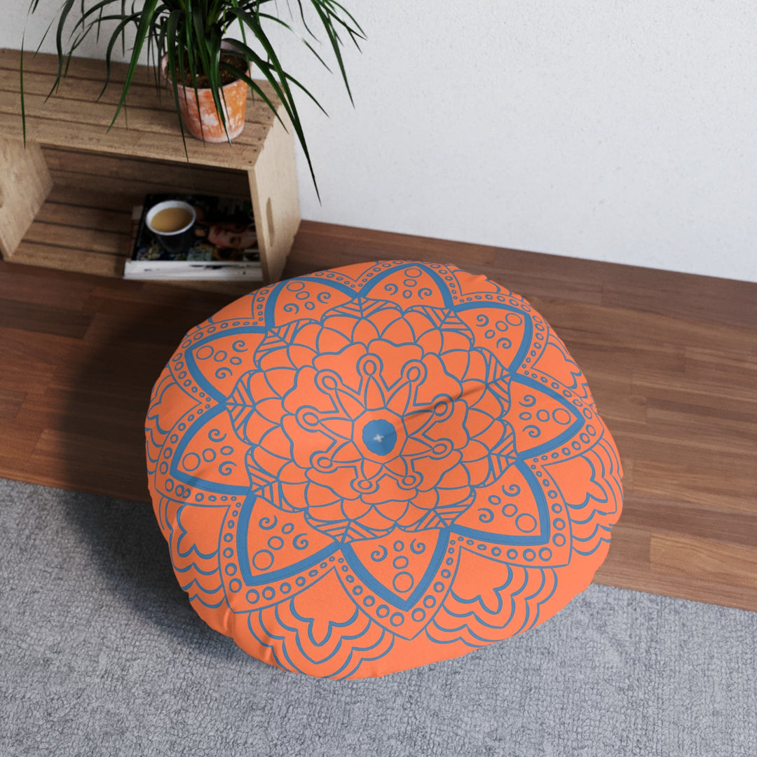 Floor Cushion Handmade Mandala Art - Steel Blue on Coral background - Drawn by Hand - Tufted Floor Pillow, Round - Blululi