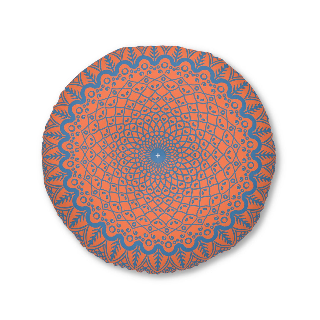 Floor Cushion Handmade Mandala Art - Steel Blue on Coral background - Drawn by Hand - Tufted Floor Pillow, Round - Blululi