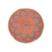 Floor Cushion Handmade Mandala Art - Steel Blue on Coral background - Drawn by Hand - Tufted Floor Pillow, Round - Blululi