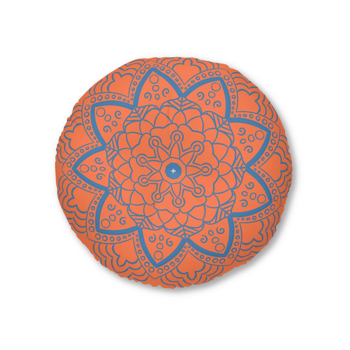 Floor Cushion Handmade Mandala Art - Steel Blue on Coral background - Drawn by Hand - Tufted Floor Pillow, Round - Blululi