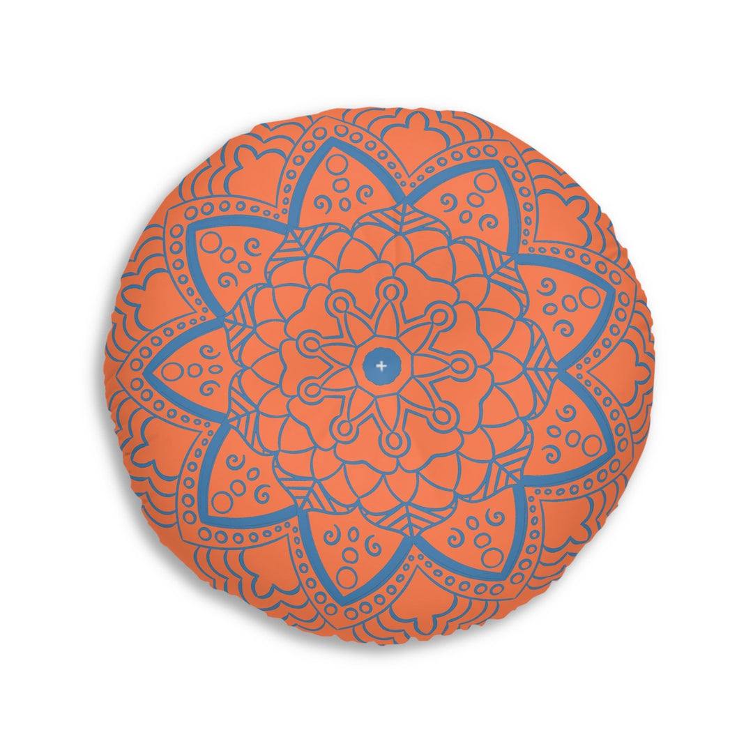 Floor Cushion Handmade Mandala Art - Steel Blue on Coral background - Drawn by Hand - Tufted Floor Pillow, Round - Blululi