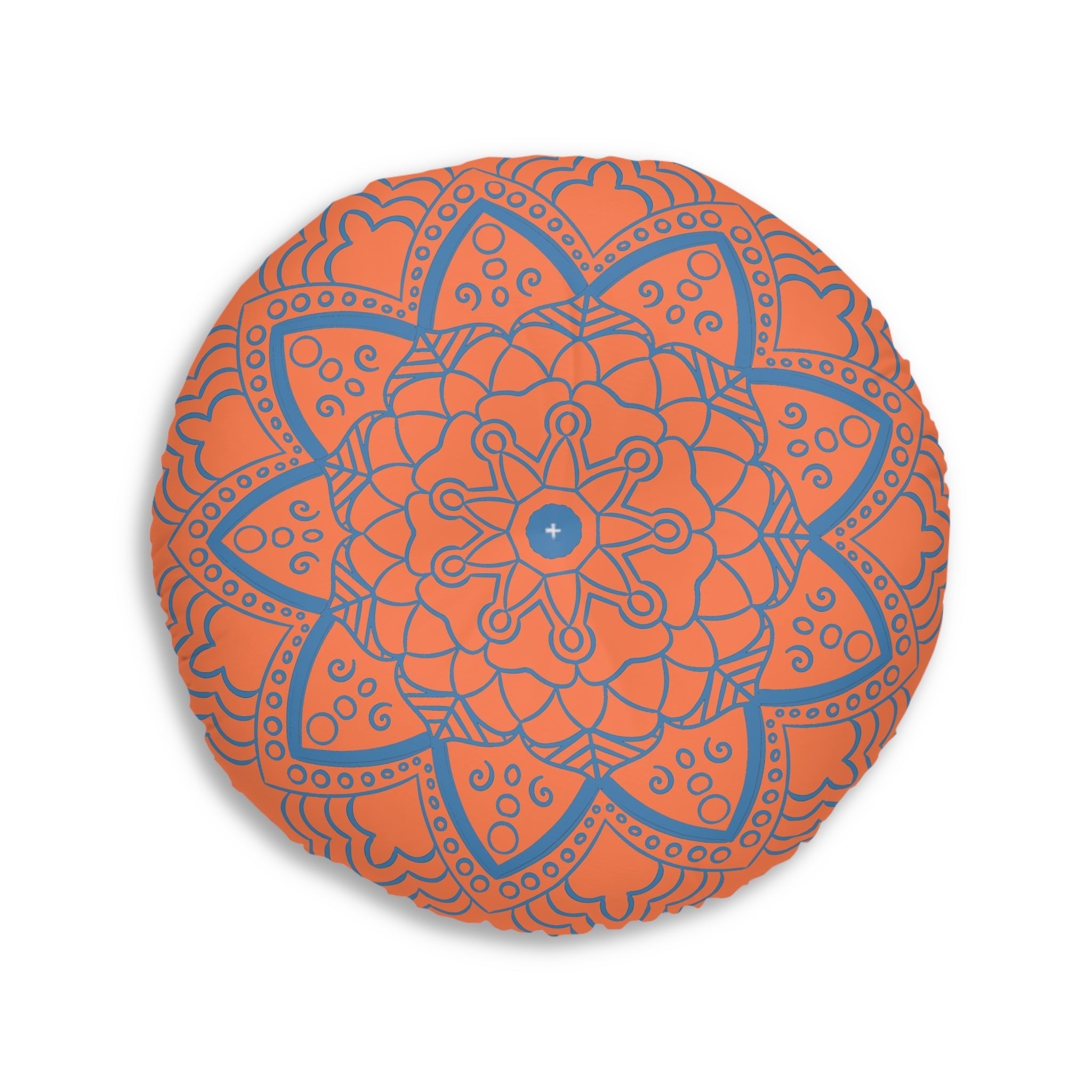 Floor Cushion Handmade Mandala Art - Steel Blue on Coral background - Drawn by Hand - Tufted Floor Pillow, Round - Blululi