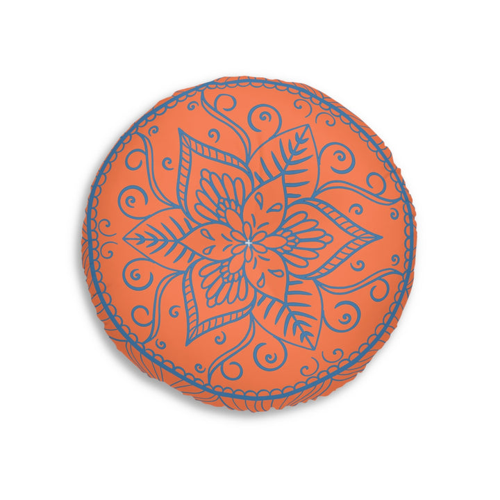 Floor Cushion Handmade Mandala Art - Steel Blue on Coral background - Drawn by Hand - Tufted Floor Pillow, Round - Blululi