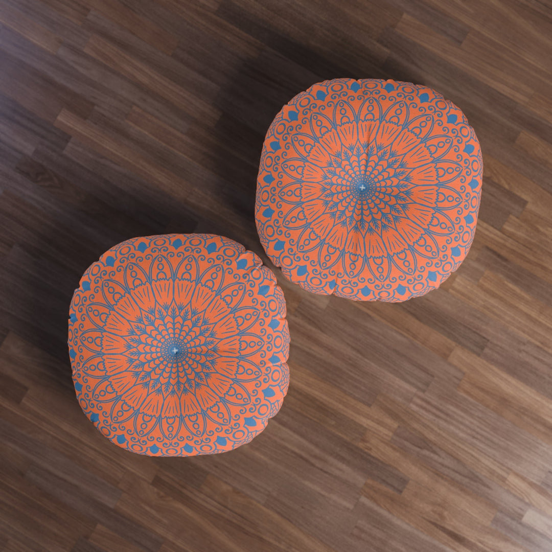 Floor Cushion Handmade Mandala Art - Steel Blue on Coral background - Drawn by Hand - Tufted Floor Pillow, Round - Blululi