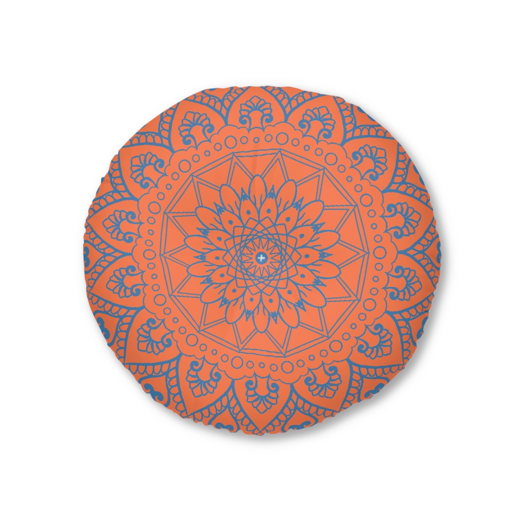 Floor Cushion Handmade Mandala Art - Steel Blue on Coral background - Drawn by Hand - Tufted Floor Pillow, Round - Blululi