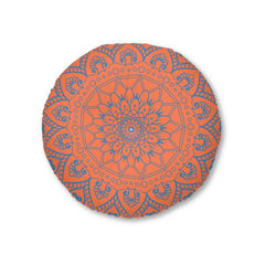 Floor Cushion Handmade Mandala Art - Steel Blue on Coral background - Drawn by Hand - Tufted Floor Pillow, Round - Blululi