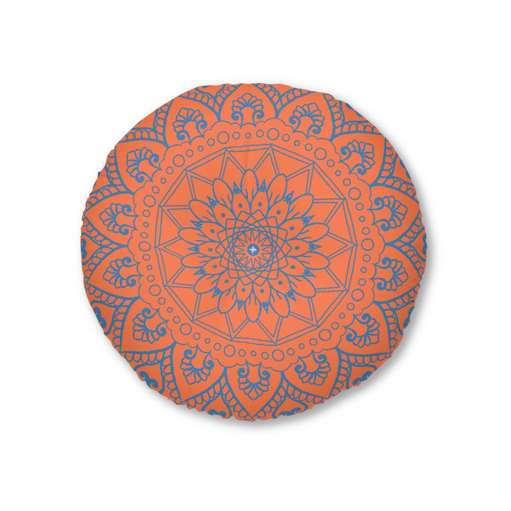 Floor Cushion Handmade Mandala Art - Steel Blue on Coral background - Drawn by Hand - Tufted Floor Pillow, Round - Blululi