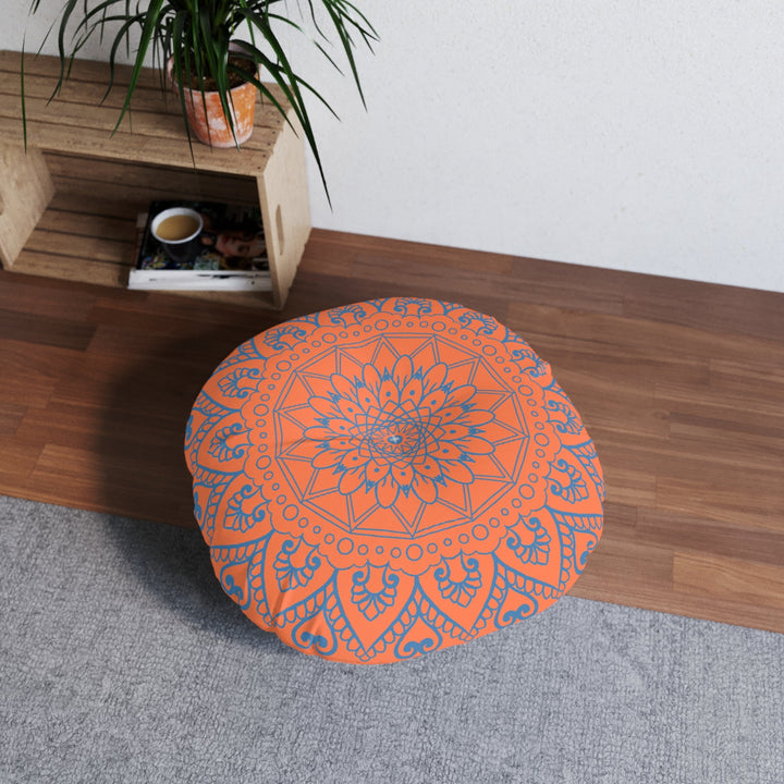 Floor Cushion Handmade Mandala Art - Steel Blue on Coral background - Drawn by Hand - Tufted Floor Pillow, Round - Blululi