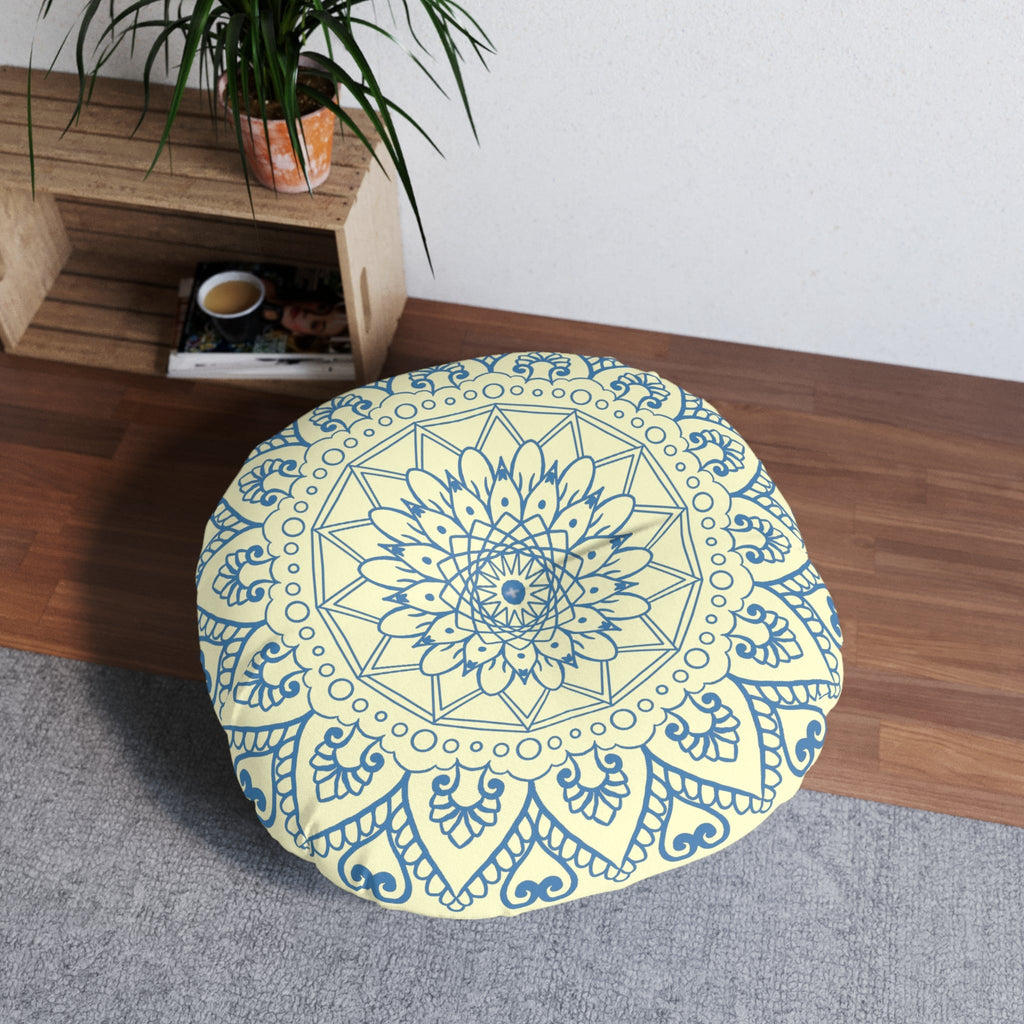 Floor Cushion Handmade Mandala Art - Steel Blue on Cream background - Drawn by Hand - Tufted Floor Pillow, Round - Blululi