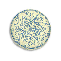 Floor Cushion Handmade Mandala Art - Steel Blue on Cream background - Drawn by Hand - Tufted Floor Pillow, Round - Blululi