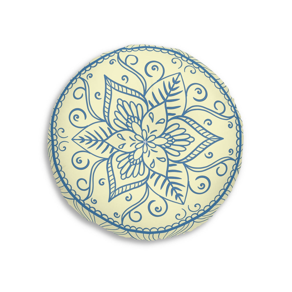 Floor Cushion Handmade Mandala Art - Steel Blue on Cream background - Drawn by Hand - Tufted Floor Pillow, Round - Blululi