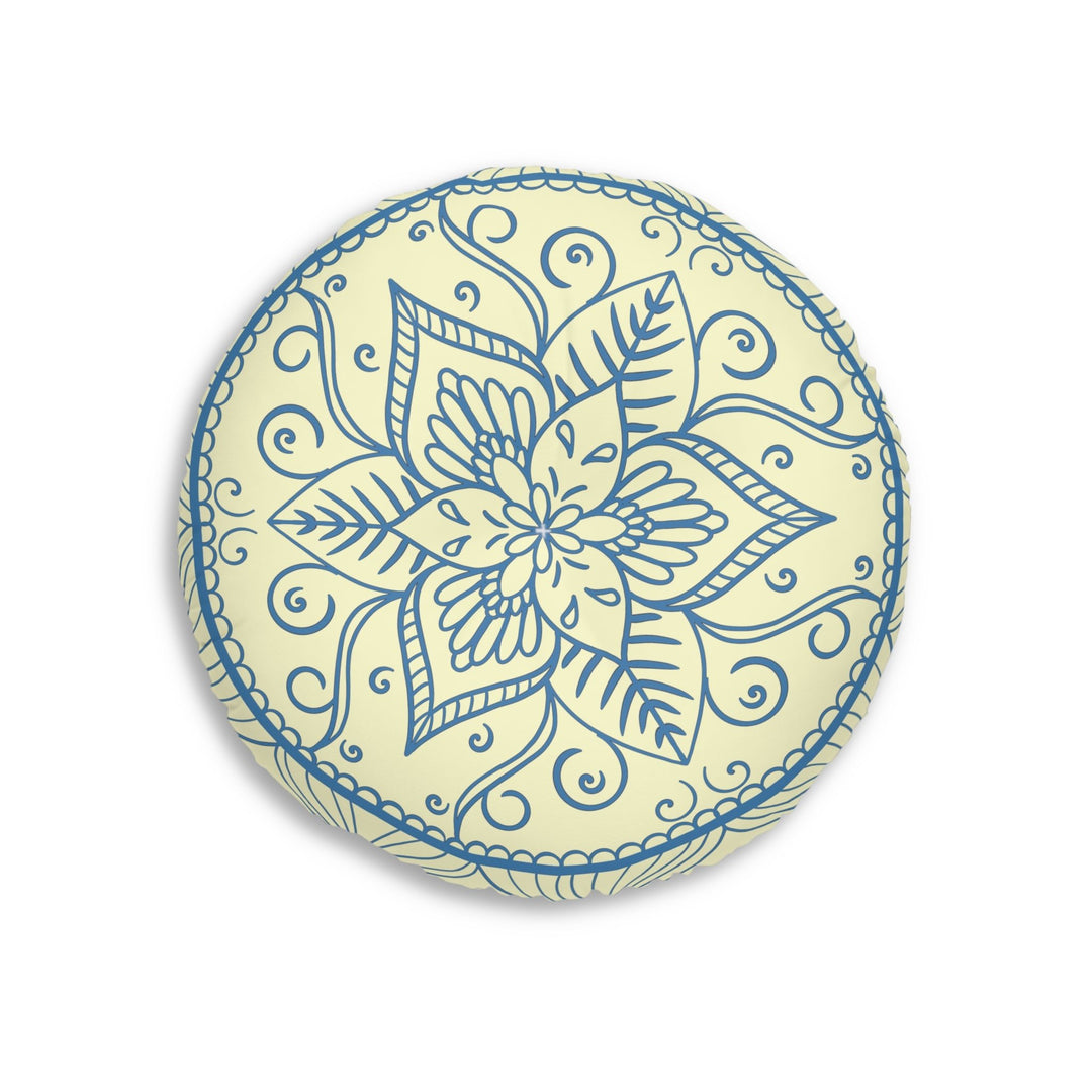 Floor Cushion Handmade Mandala Art - Steel Blue on Cream background - Drawn by Hand - Tufted Floor Pillow, Round - Blululi