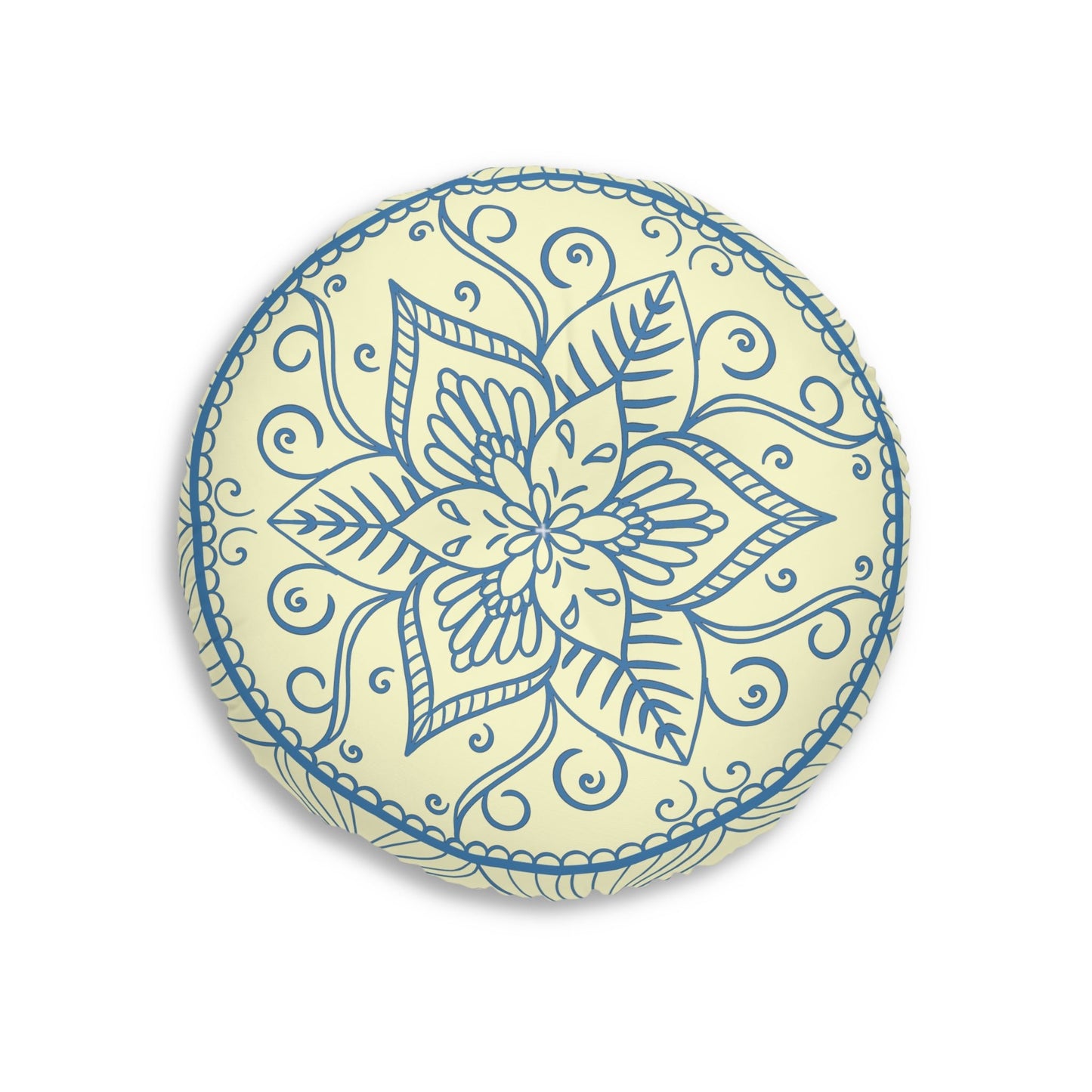 Floor Cushion Handmade Mandala Art - Steel Blue on Cream background - Drawn by Hand - Tufted Floor Pillow, Round - Blululi