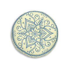 Floor Cushion Handmade Mandala Art - Steel Blue on Cream background - Drawn by Hand - Tufted Floor Pillow, Round - Blululi