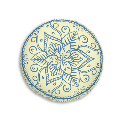 Floor Cushion Handmade Mandala Art - Steel Blue on Cream background - Drawn by Hand - Tufted Floor Pillow, Round - Blululi