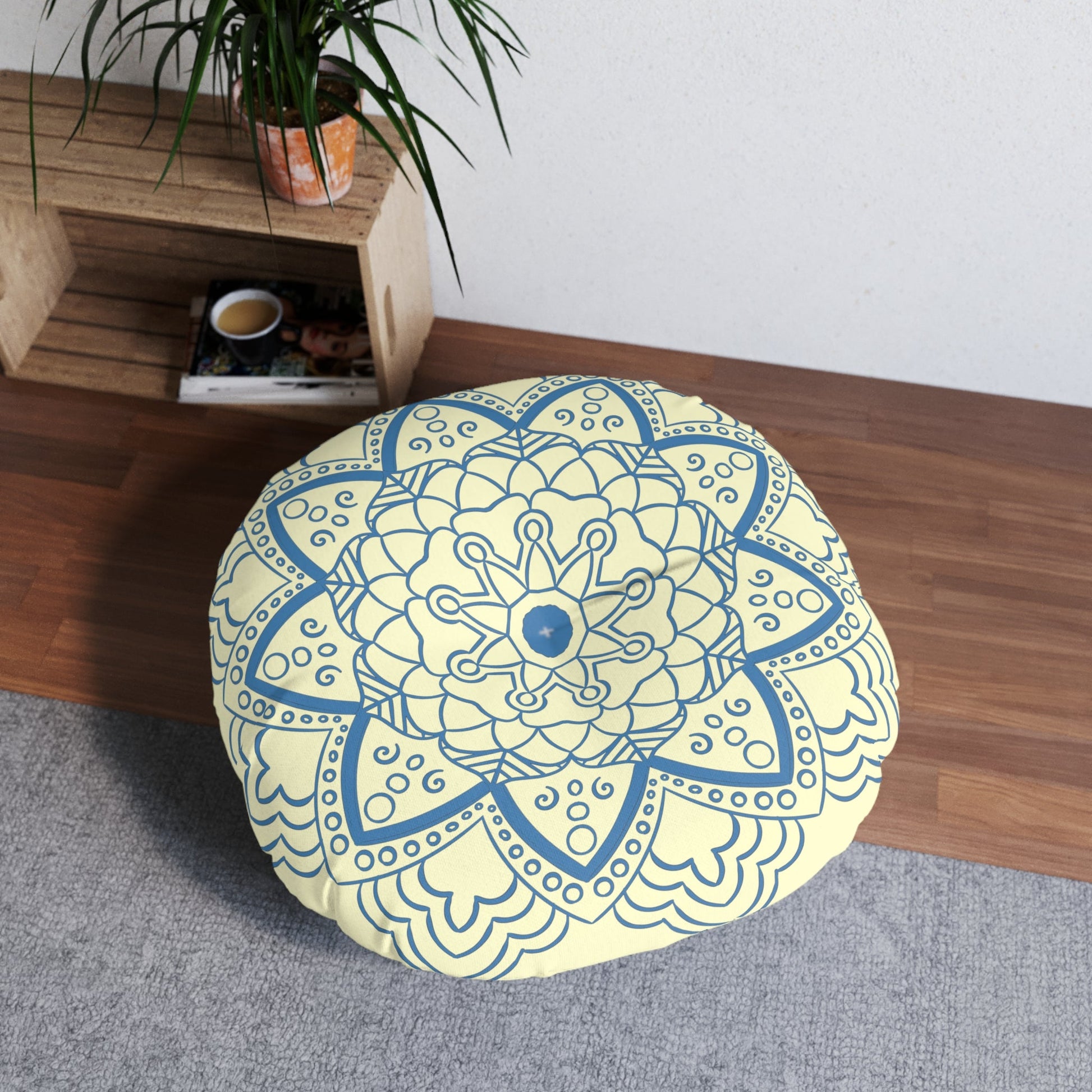 Floor Cushion Handmade Mandala Art - Steel Blue on Cream background - Drawn by Hand - Tufted Floor Pillow, Round - Blululi