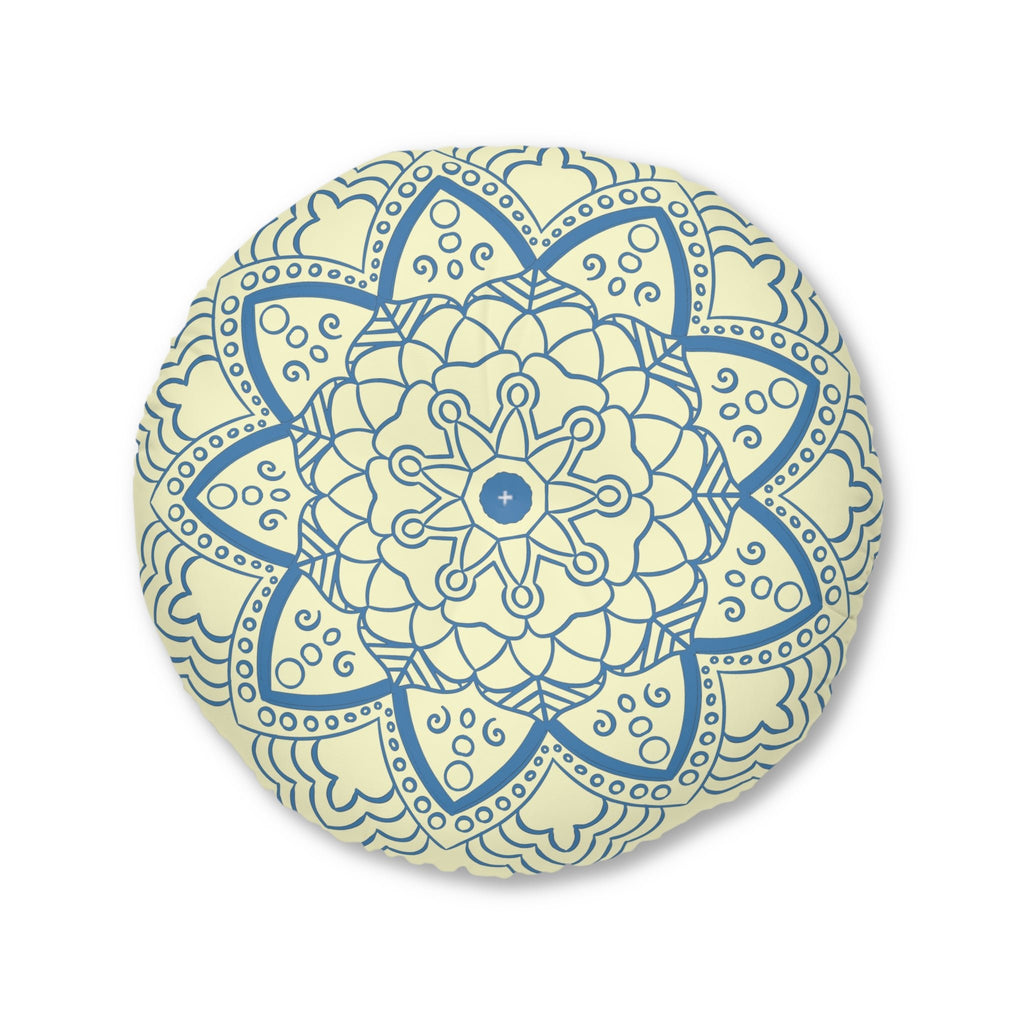 Floor Cushion Handmade Mandala Art - Steel Blue on Cream background - Drawn by Hand - Tufted Floor Pillow, Round - Blululi